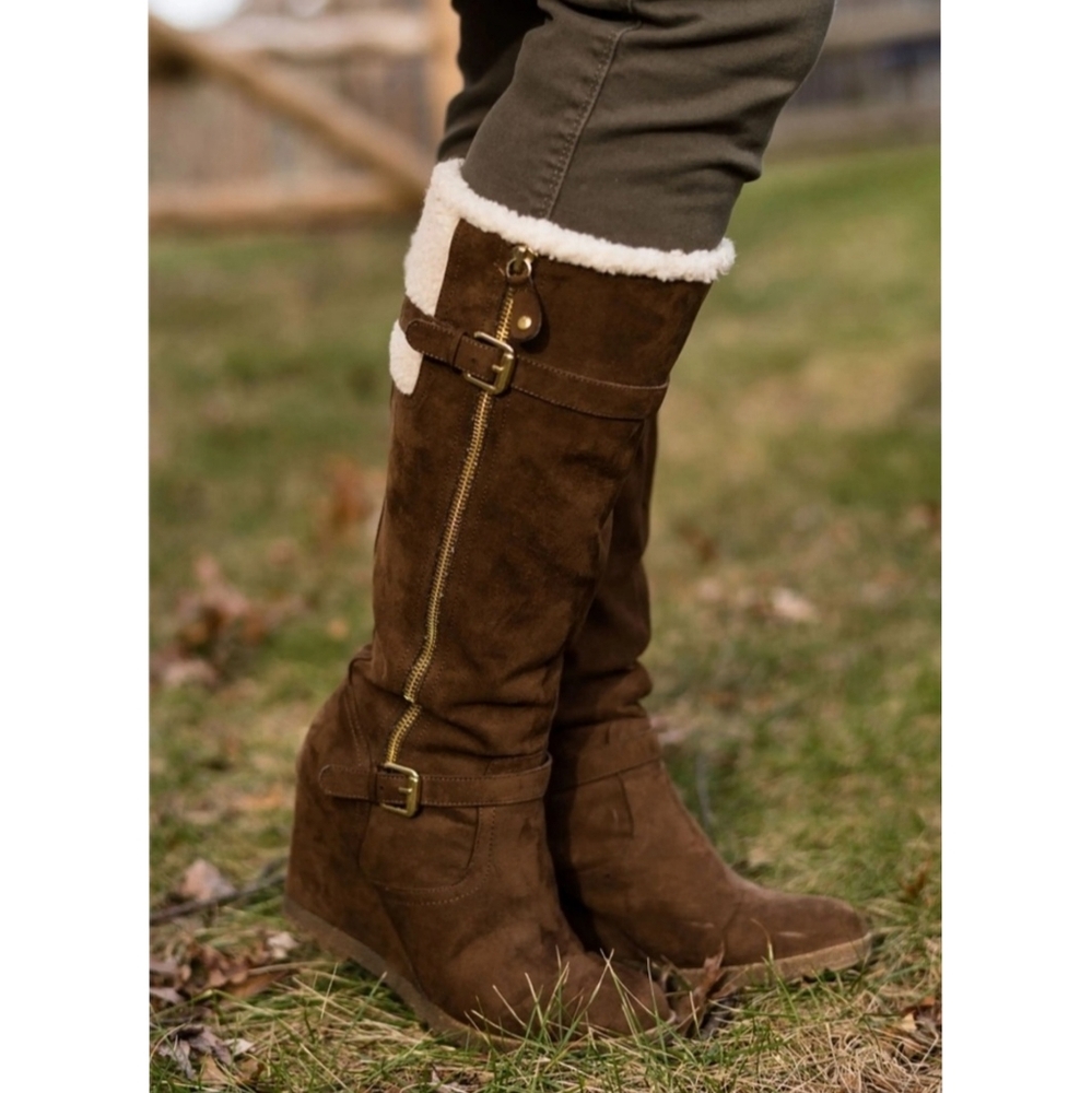 Unisa suede sherling wool brown wedge boots